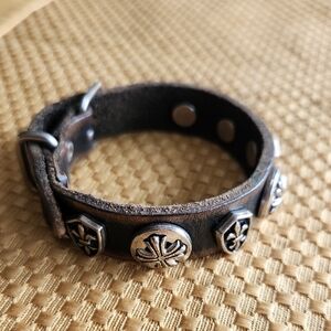 Brown Leather Bracelet with Silver Celtic Symbols Fleur De Lis Buckle Closure